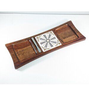 Vintage charcuterie board with inset tile, wooden cheese tray, decorative wooden
